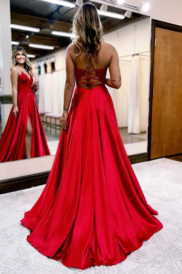 A-line Spaghetti Straps Corset Back Prom Dress With Split TP1293