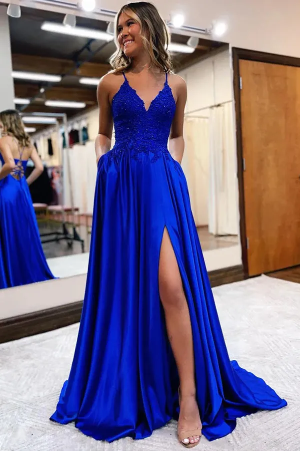 A-line Spaghetti Straps Corset Back Prom Dress With Split TP1293