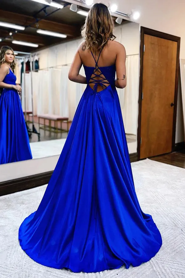 A-line Spaghetti Straps Corset Back Prom Dress With Split TP1293