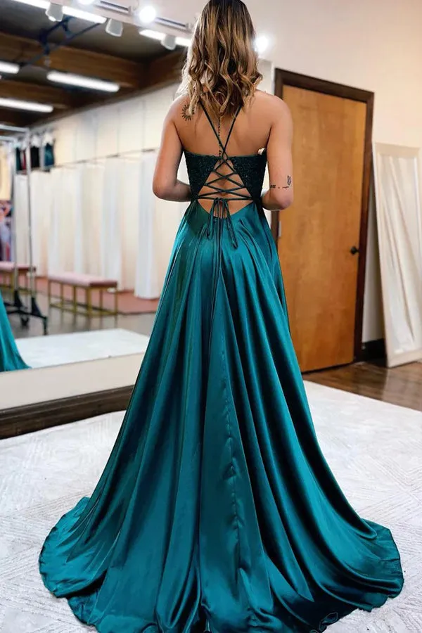 A-line Spaghetti Straps Corset Back Prom Dress With Split TP1293