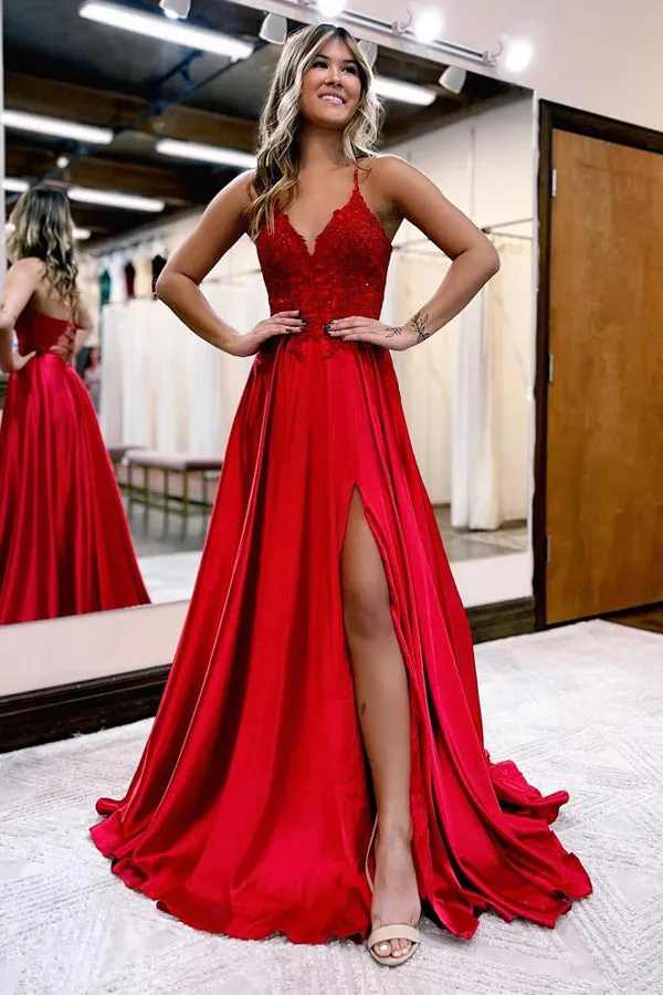 A-line Spaghetti Straps Corset Back Prom Dress With Split TP1293