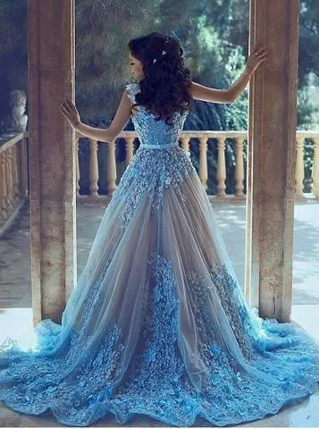 A-Line Square Chapel Train Sleeveless Blue Tulle Wedding Dress WD183