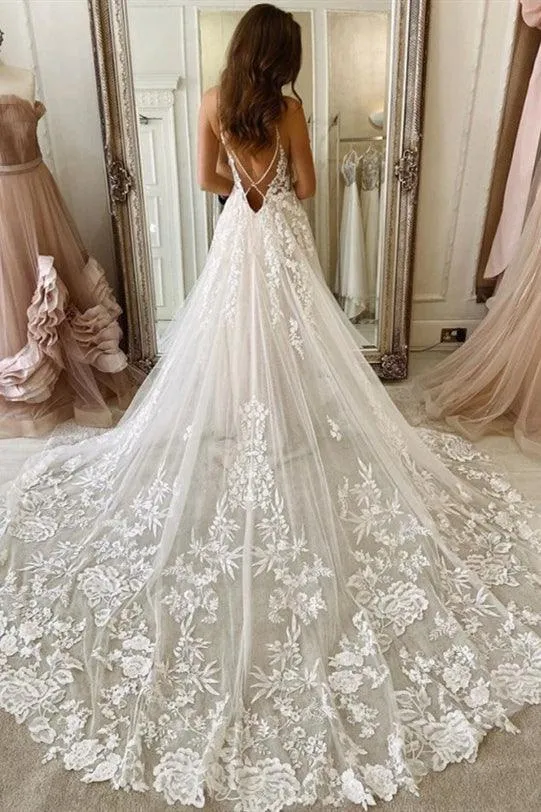 A-line Straps Long Ivory Tulle Bridal Wedding Dress with Lace TN330