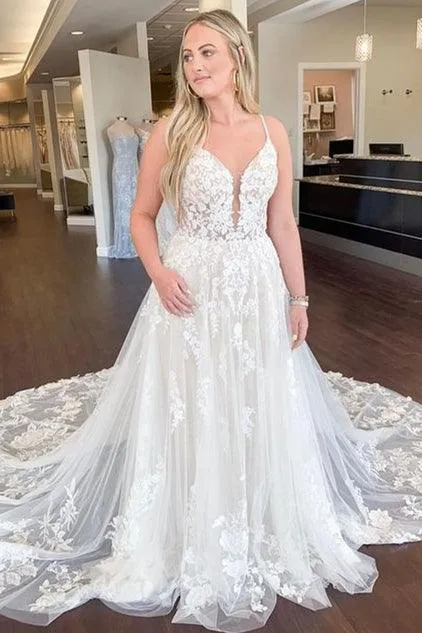 A-line Straps Long Ivory Tulle Bridal Wedding Dress with Lace TN330