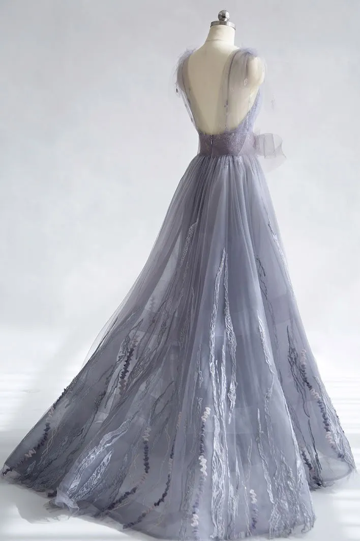 A-Line V-Neck Tulle Lace Backless Long Prom Dress With Appliques, Evening Dress YZ211018