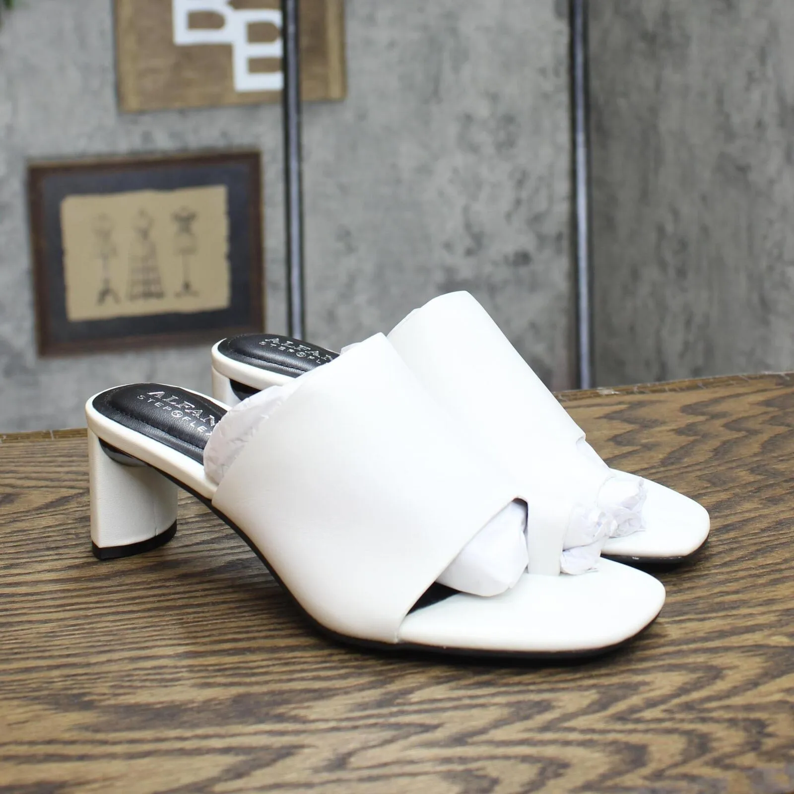 Alfani Womens Colyerrl Leather Block Heel Slide Sandals White Leather 6.5M