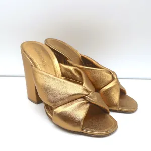 Alumnae Turban Slide Sandals Gold Metallic Leather Size 38 Block Heel Mules
