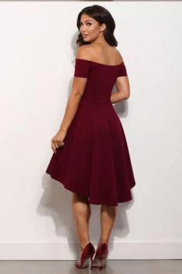 Anneprom A Line Off Shoulder High Low Burgundy Short Prom Dress, Burgundy Graduation Dress, Homecoming Dress APH0196