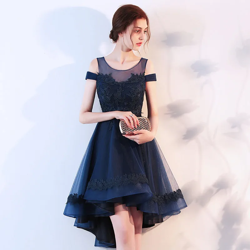 Beautiful Light Grey Tulle Off Shoulder High Low Lace Party Dress, Grey Homecoming Dress