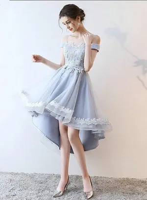 Beautiful Light Grey Tulle Off Shoulder High Low Lace Party Dress, Grey Homecoming Dress