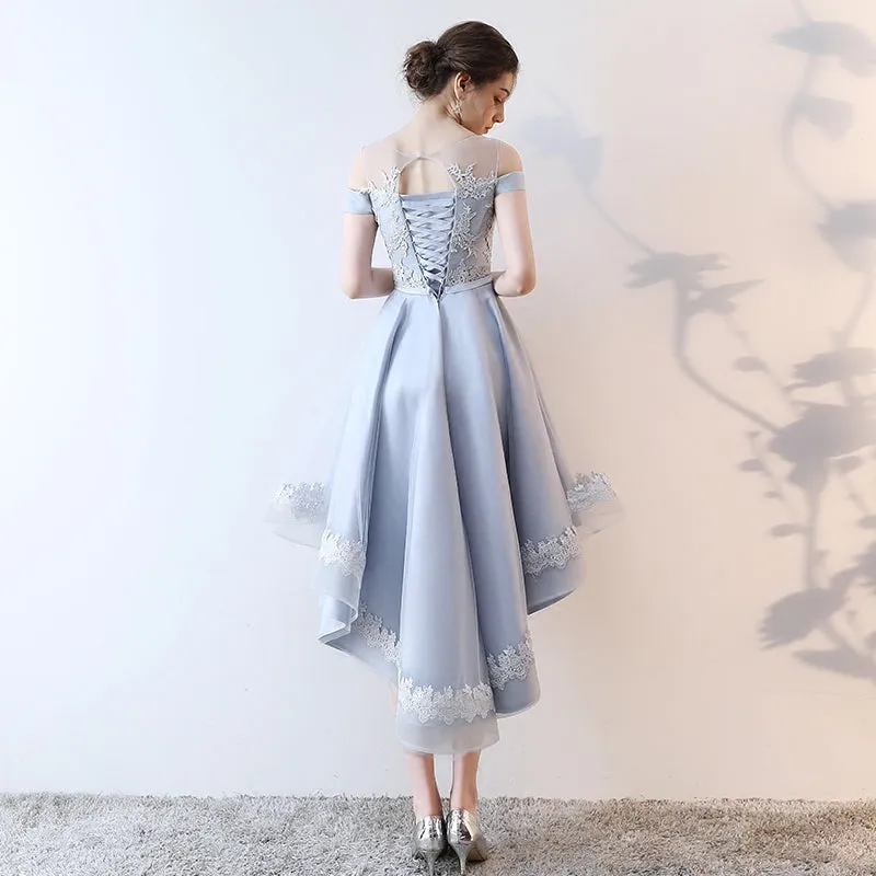 Beautiful Light Grey Tulle Off Shoulder High Low Lace Party Dress, Grey Homecoming Dress