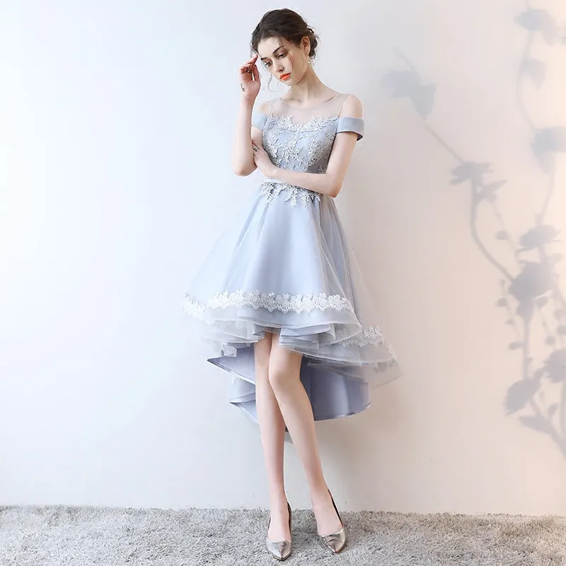 Beautiful Light Grey Tulle Off Shoulder High Low Lace Party Dress, Grey Homecoming Dress