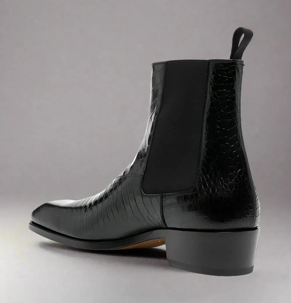 Black Croc Print Leather Amarante Slip On Boots - Boots