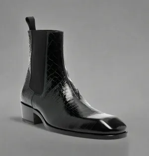 Black Croc Print Leather Amarante Slip On Boots - Boots