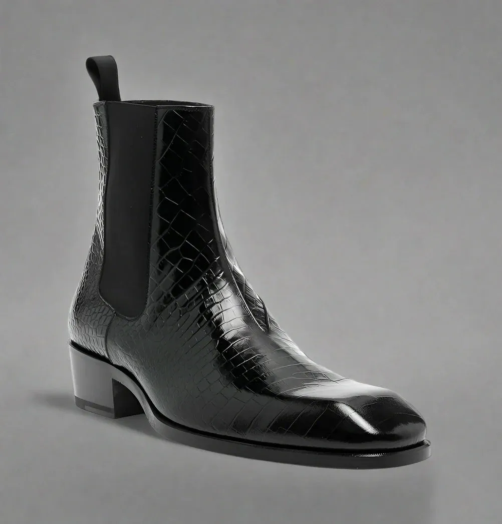 Black Croc Print Leather Amarante Slip On Boots - Boots