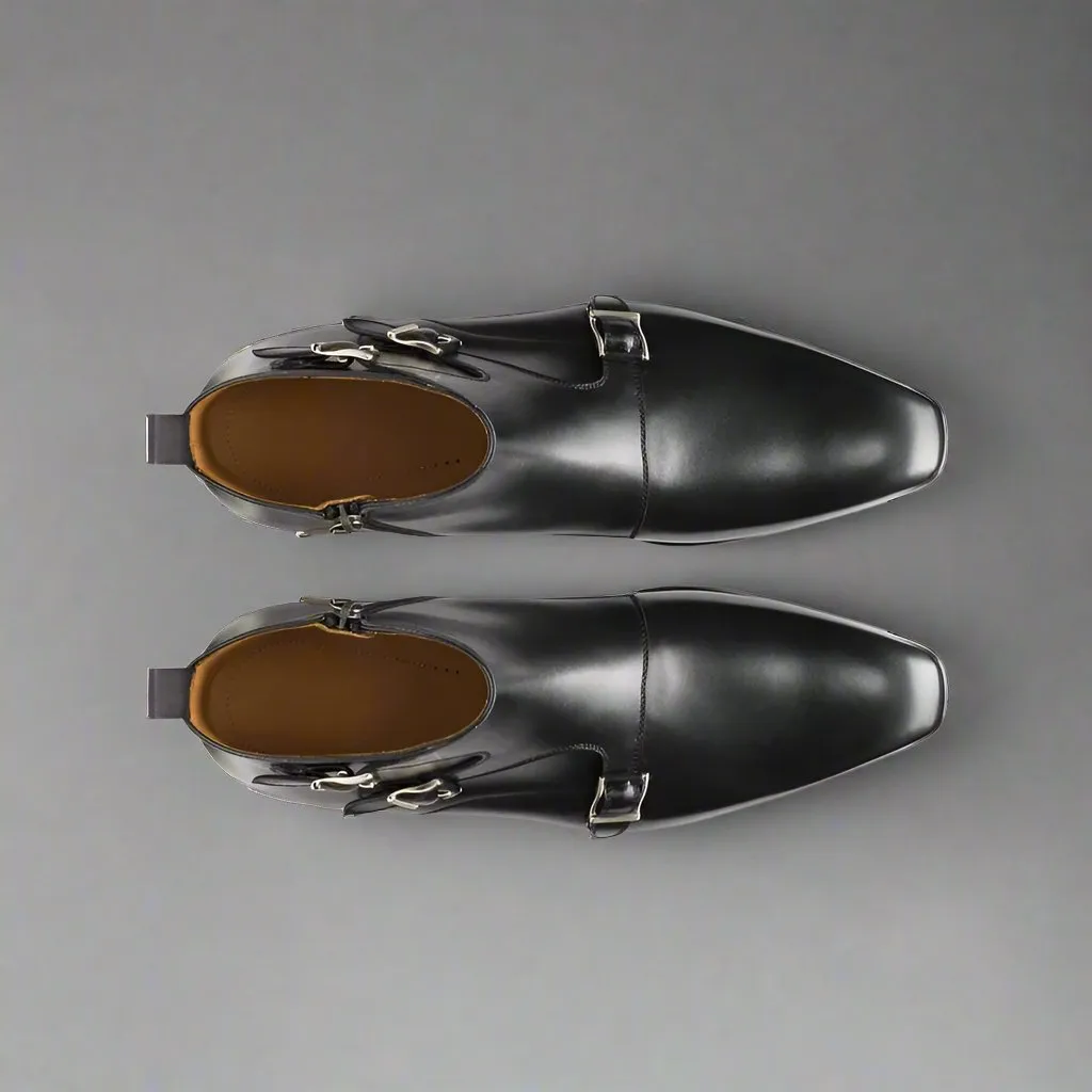 Black Italian Leather Triple Monkstrap Chelsea Boots Shoes With Zipper - Boots - Monk Shoes