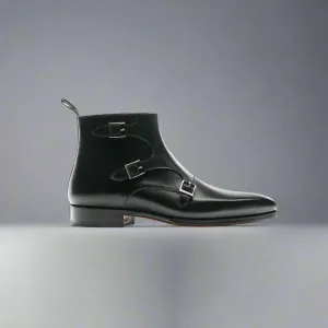 Black Italian Leather Triple Monkstrap Chelsea Boots Shoes With Zipper - Boots - Monk Shoes