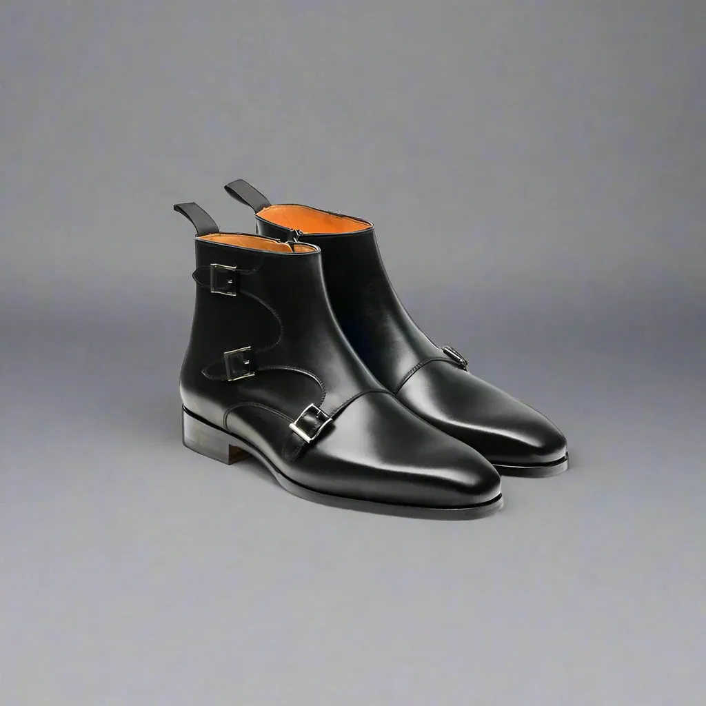 Black Italian Leather Triple Monkstrap Chelsea Boots Shoes With Zipper - Boots - Monk Shoes