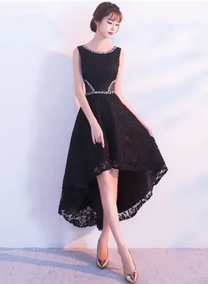 Black Lace High Low Beaded Short Party Dress, Black Homecoming Dress Prom Dress