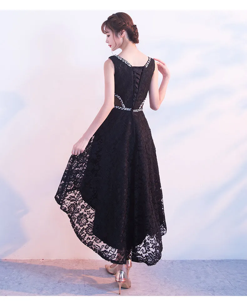 Black Lace High Low Beaded Short Party Dress, Black Homecoming Dress Prom Dress