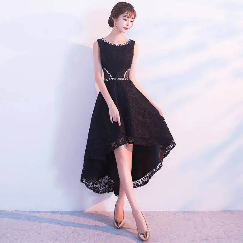 Black Lace High Low Beaded Short Party Dress, Black Homecoming Dress Prom Dress