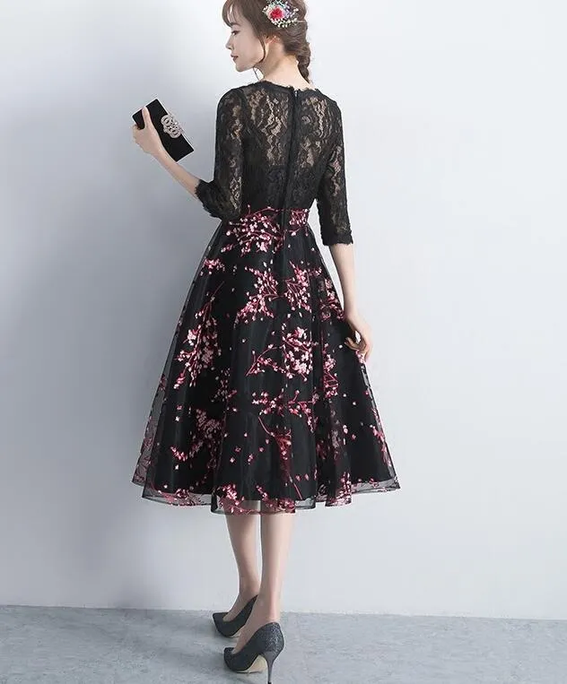 Black Lace Top with Floral Skirt Tea Length Party Dress, Cute Party Dress