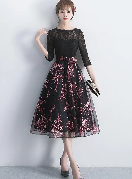 Black Lace Top with Floral Skirt Tea Length Party Dress, Cute Party Dress