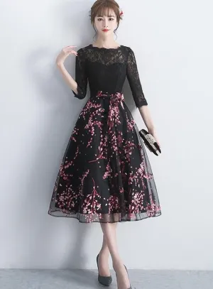 Black Lace Top with Floral Skirt Tea Length Party Dress, Cute Party Dress