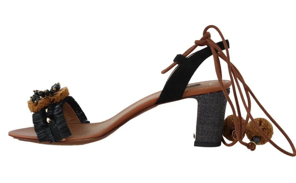 Black Straw PomPom Crystal Strap Sandals
