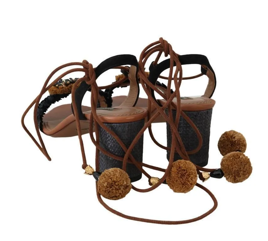 Black Straw PomPom Crystal Strap Sandals