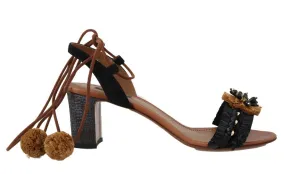 Black Straw PomPom Crystal Strap Sandals