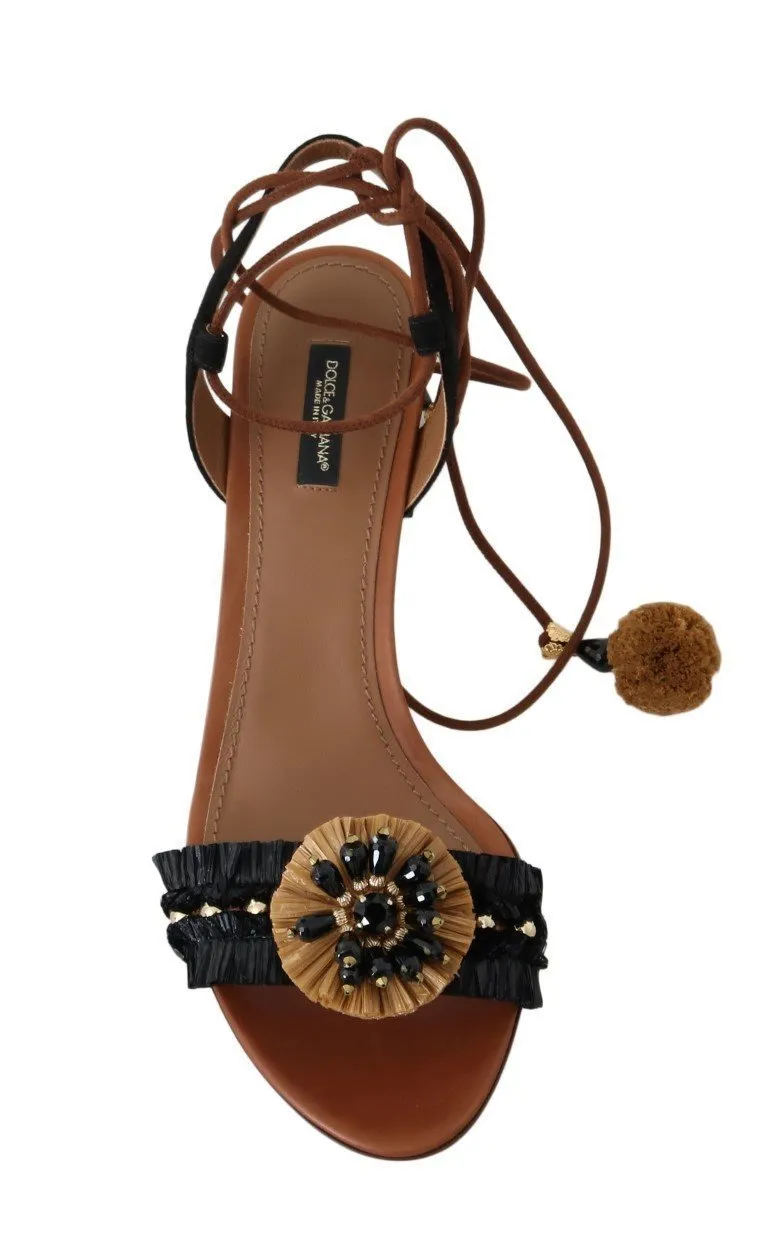 Black Straw PomPom Crystal Strap Sandals