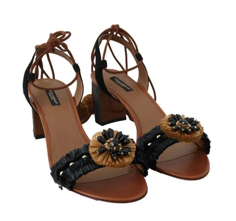 Black Straw PomPom Crystal Strap Sandals