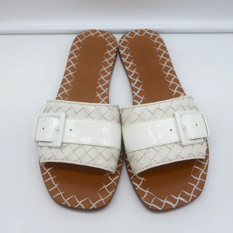Bottega Veneta Ravello Buckle Slide Sandals White Intrecciato Leather Size 37.5