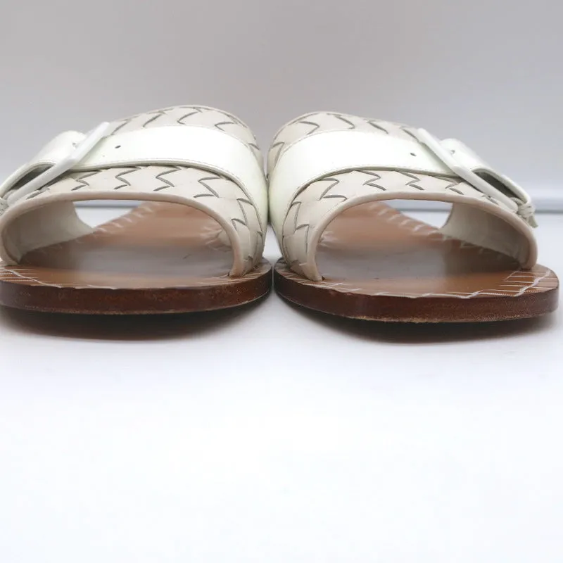 Bottega Veneta Ravello Buckle Slide Sandals White Intrecciato Leather Size 37.5