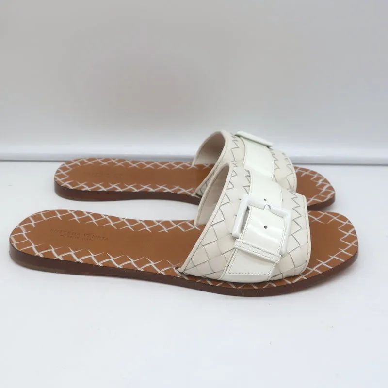 Bottega Veneta Ravello Buckle Slide Sandals White Intrecciato Leather Size 37.5