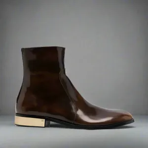 BROWN LEATHER SLIP ON MODENA CHELSEA BOOTS WITH ZIPPER AND GOLDEN HEEL PLATE - CHELSEA BOOTS