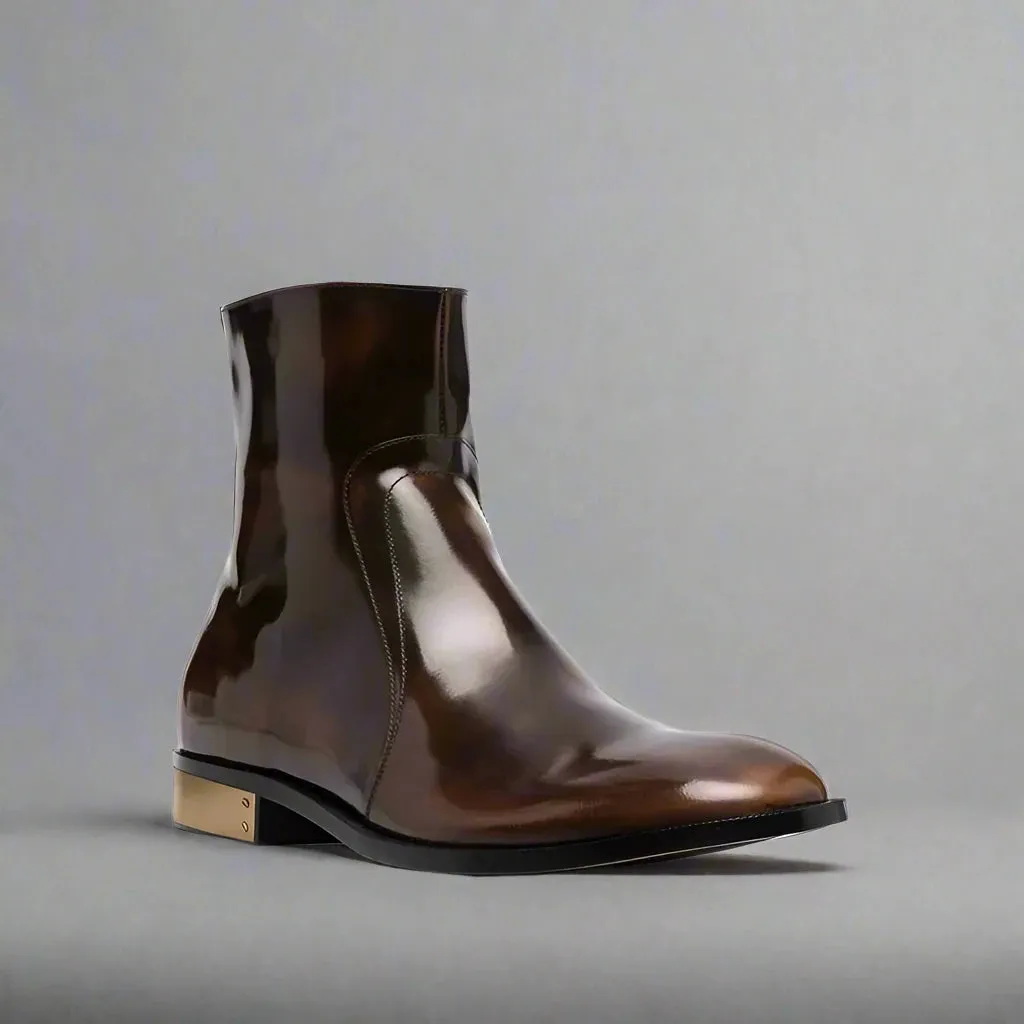 BROWN LEATHER SLIP ON MODENA CHELSEA BOOTS WITH ZIPPER AND GOLDEN HEEL PLATE - CHELSEA BOOTS