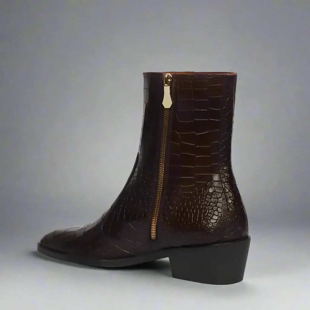 BURGUNDY CROC LEATHER SLIP ON CHELSEA BOOTS WITH ZIPPER - CHELSEA BOOTS