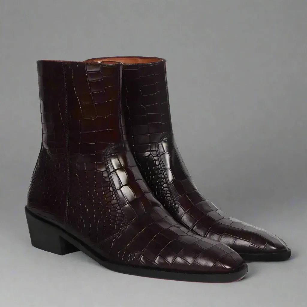 BURGUNDY CROC LEATHER SLIP ON CHELSEA BOOTS WITH ZIPPER - CHELSEA BOOTS