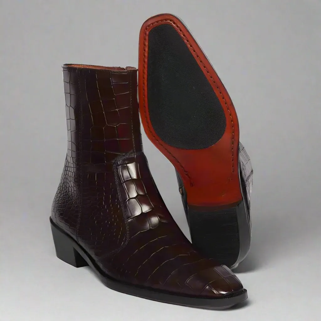 BURGUNDY CROC LEATHER SLIP ON CHELSEA BOOTS WITH ZIPPER - CHELSEA BOOTS
