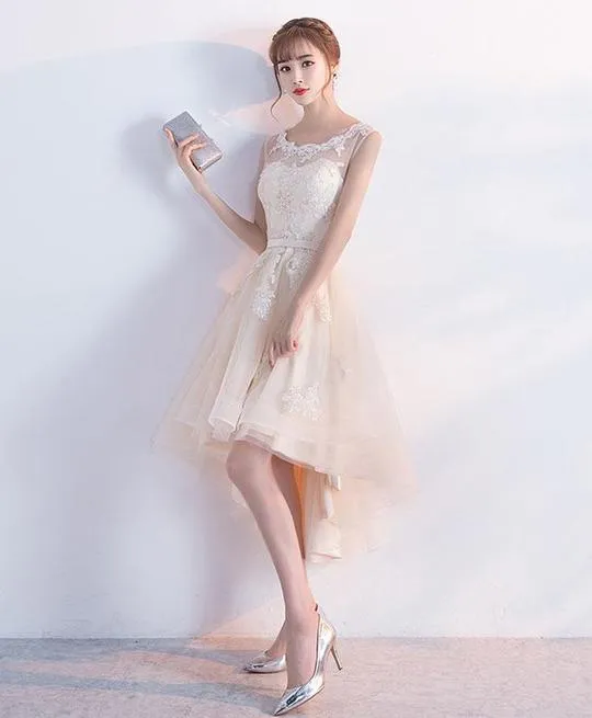 Champagne Lace Round Neckline High Low Tulle Formal Dress, Cute Party Dresses