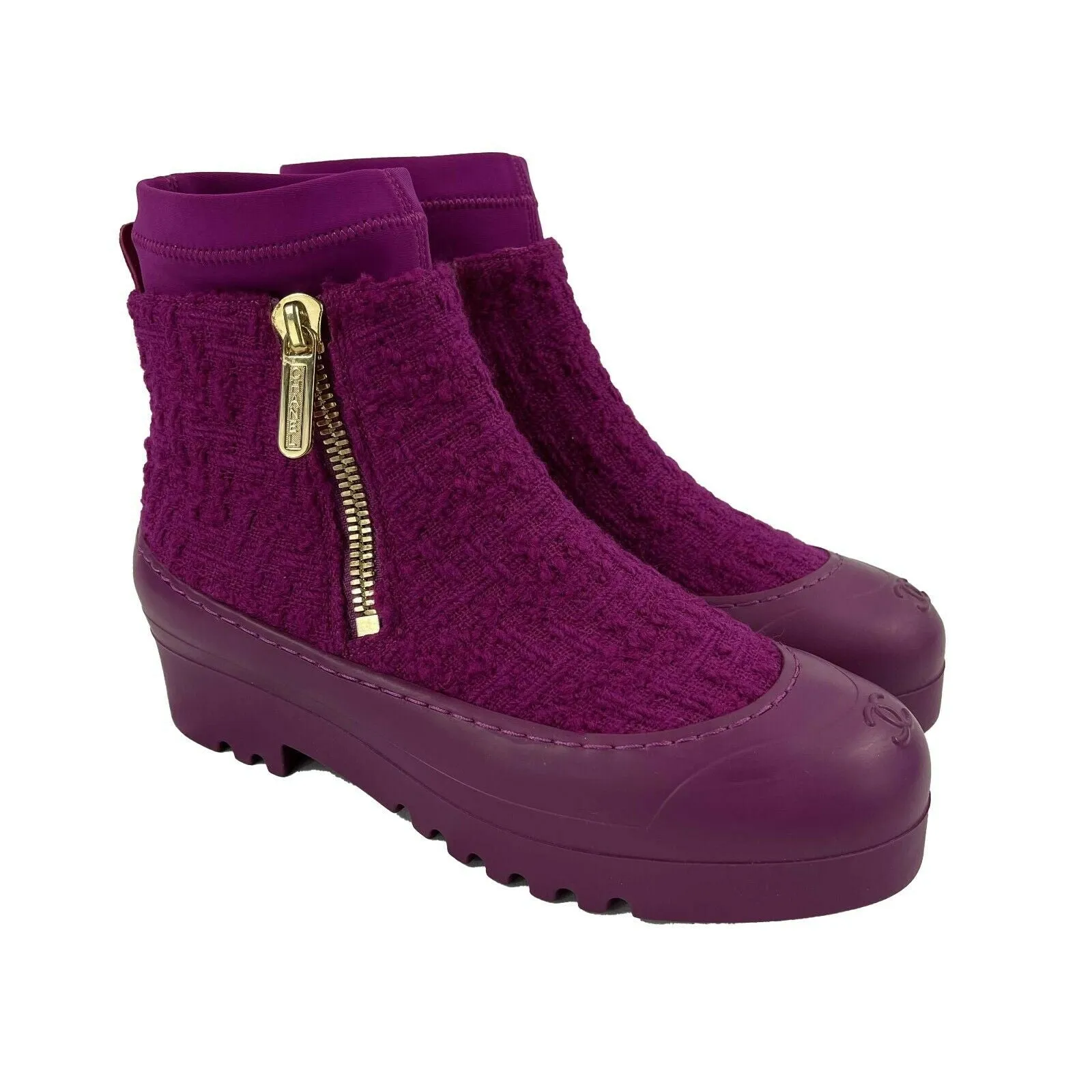 CHANEL - New w/ Tags - 2020 Magenta Tweed Rubber Boots - 37 US 7