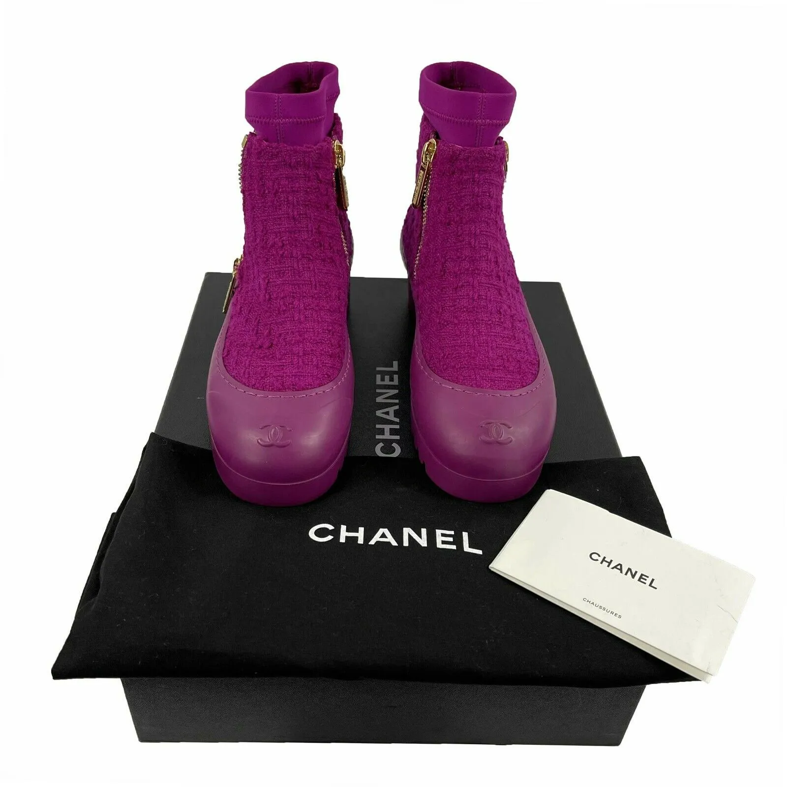 CHANEL - New w/ Tags - 2020 Magenta Tweed Rubber Boots - 37 US 7