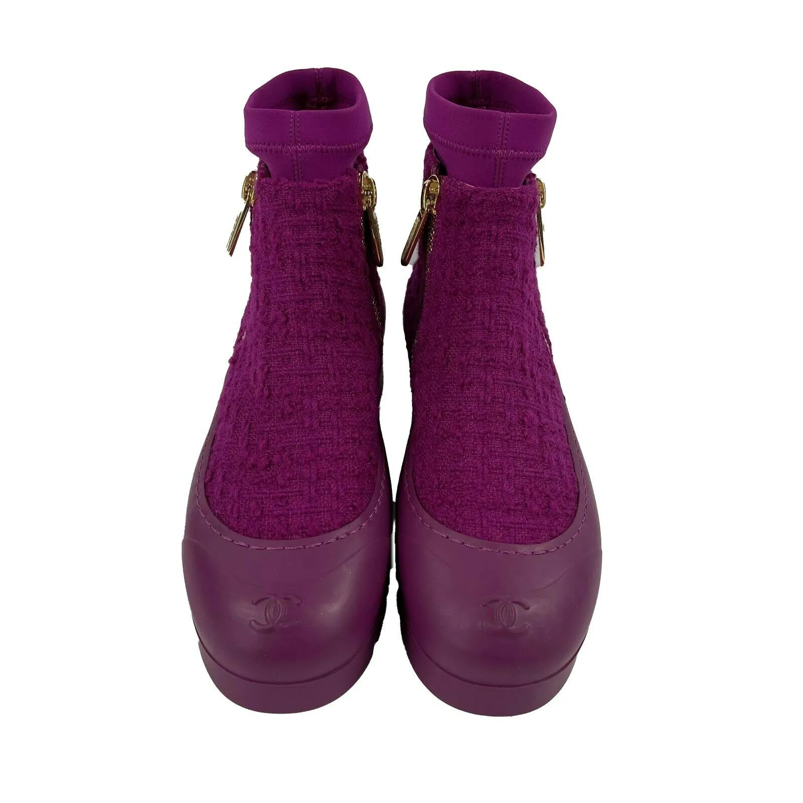 CHANEL - New w/ Tags - 2020 Magenta Tweed Rubber Boots - 37 US 7