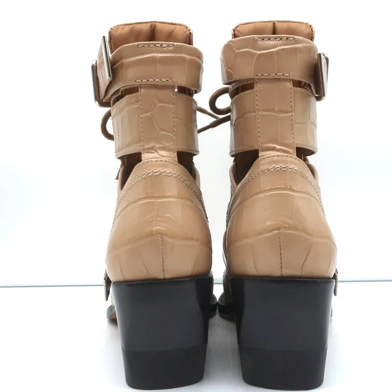 Chloe Rylee Cutout Lace-Up Ankle Boots Beige Croc-Effect Leather Size 38.5