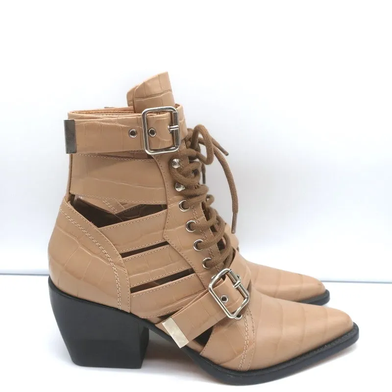 Chloe Rylee Cutout Lace-Up Ankle Boots Beige Croc-Effect Leather Size 38.5
