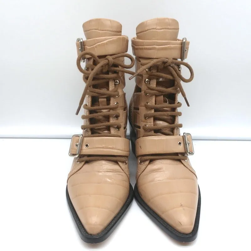 Chloe Rylee Cutout Lace-Up Ankle Boots Beige Croc-Effect Leather Size 38.5