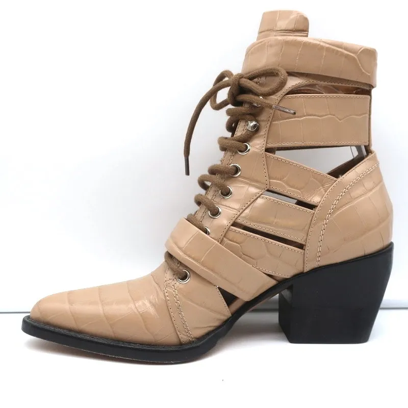 Chloe Rylee Cutout Lace-Up Ankle Boots Beige Croc-Effect Leather Size 38.5