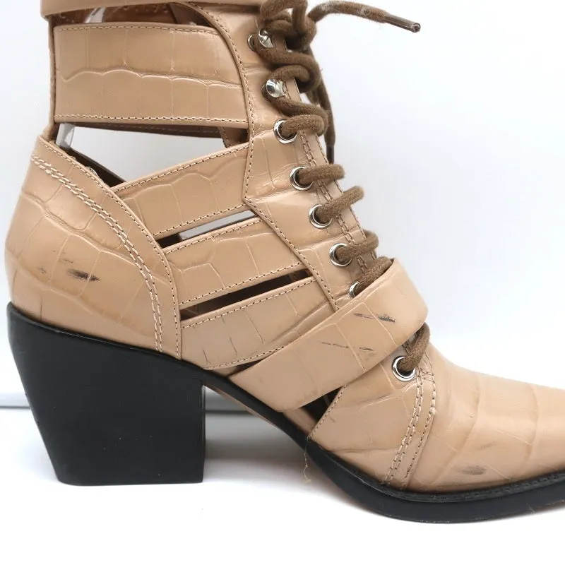 Chloe Rylee Cutout Lace-Up Ankle Boots Beige Croc-Effect Leather Size 38.5
